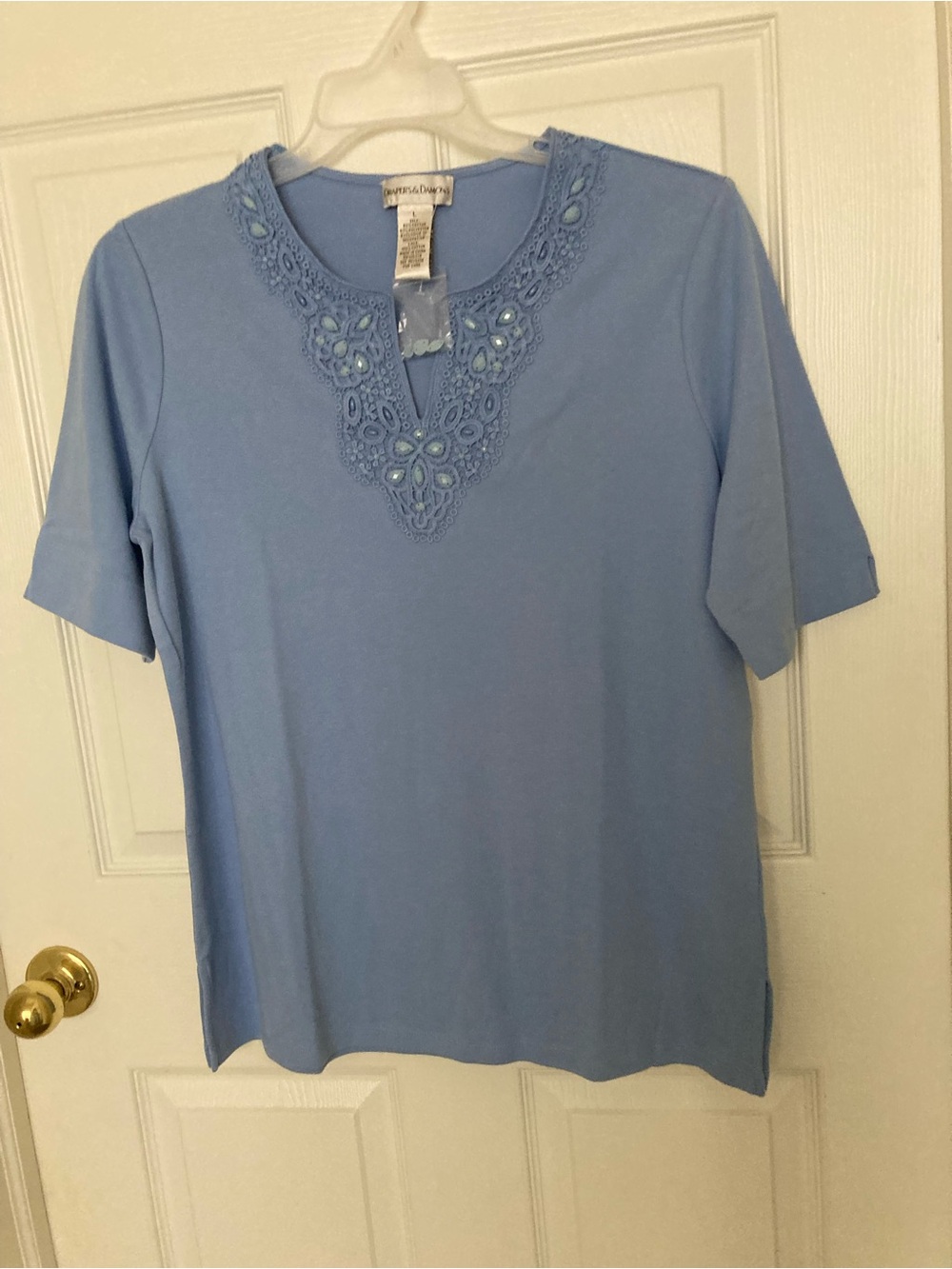St. John's Bay Sky Blue Short-Sleeve V-Neck Tee with Lace & Bead Detail